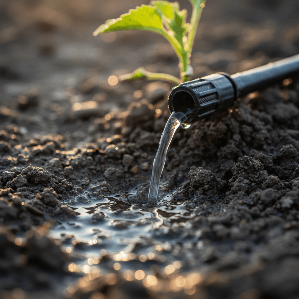 A drip irrigation emitter watering the base of a plant