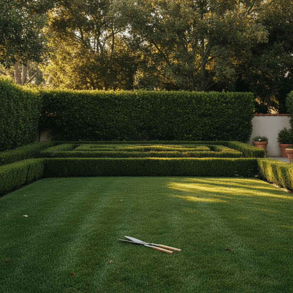A neatly trimmed hedge and manicured lawn in a quiet backyard