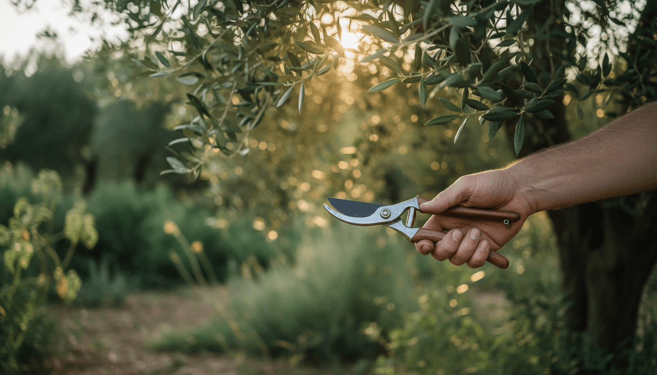Close-up of a gardener's hand and pruning shears against soft green foliage in morning light