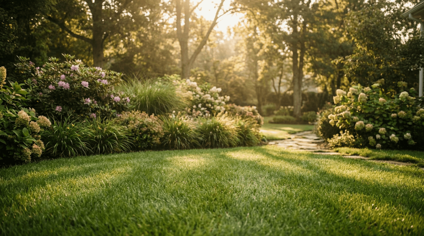 Lush green lawn with a garden chair