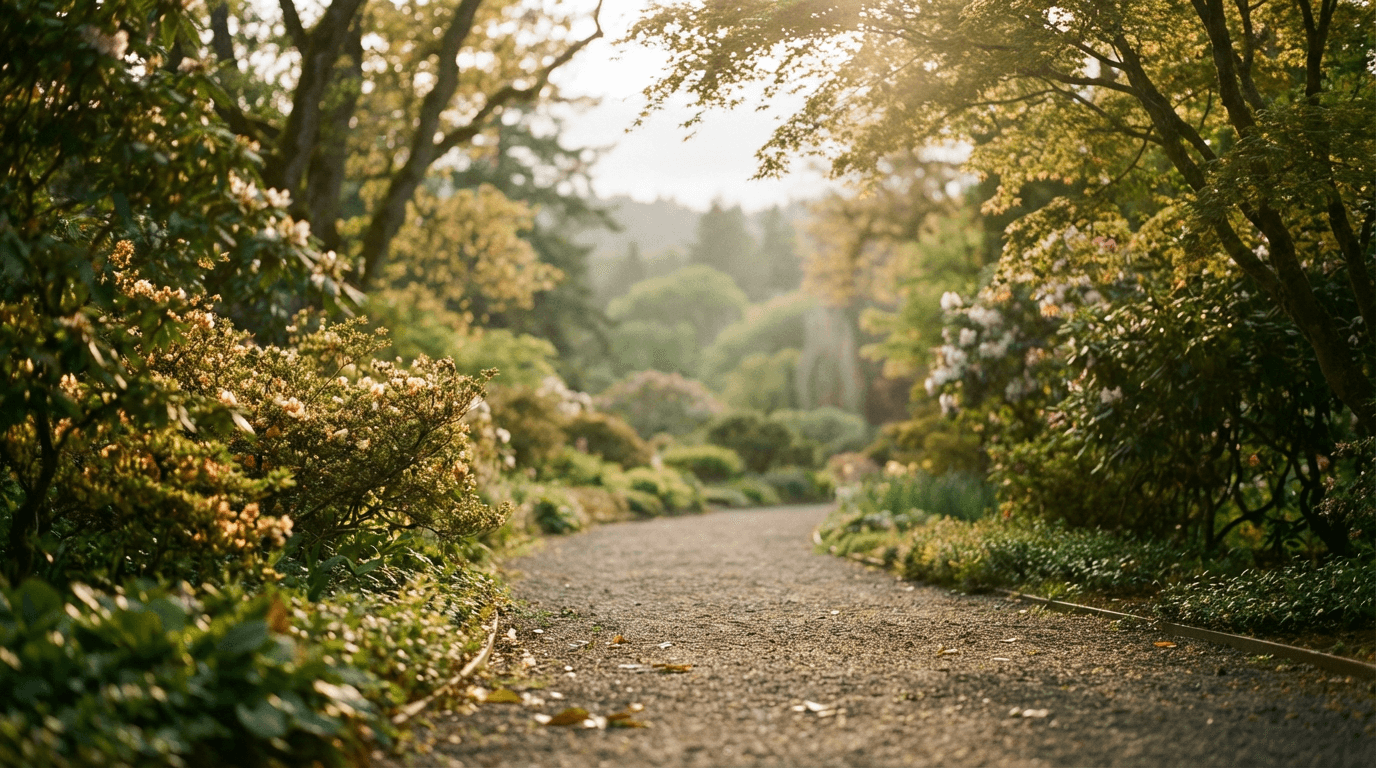Stone pathway with boxwood hedges