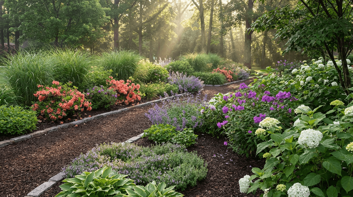 Formal Beverly Hills garden with symmetrical hedges and a stone pathway