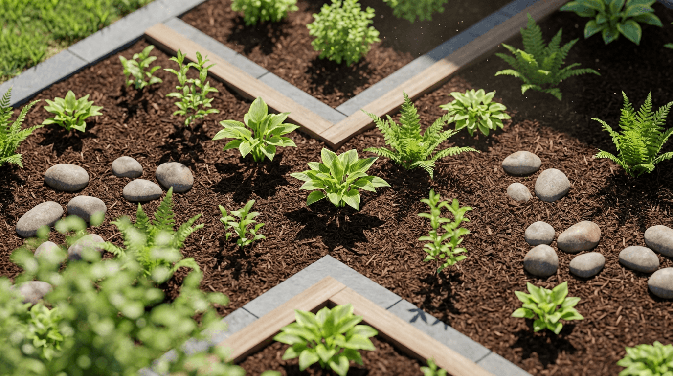 A freshly mulched garden bed with a trowel resting on the edge, dark and moody lighting