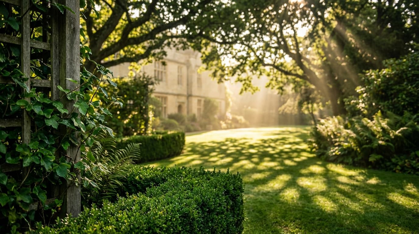 A neatly trimmed hedge and a stone garden path in soft morning light