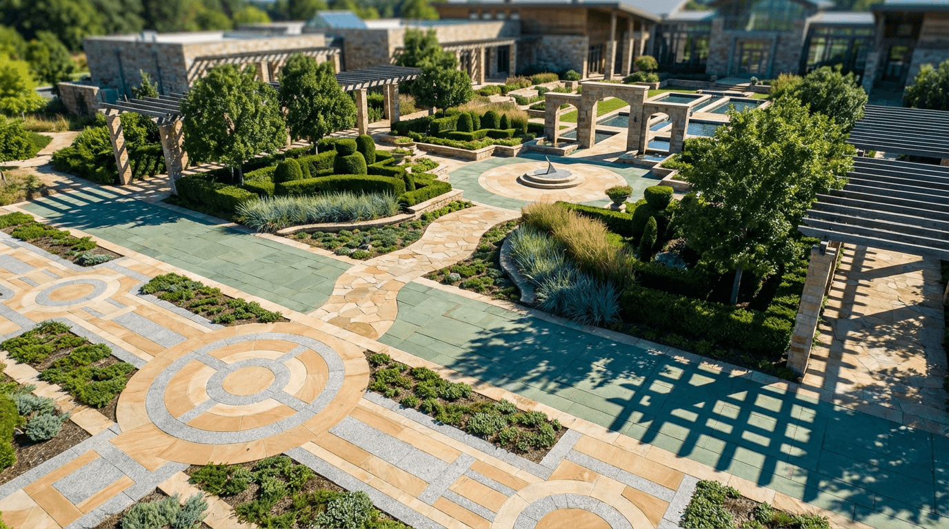 Bird's eye view of a Hancock Park estate garden in spring