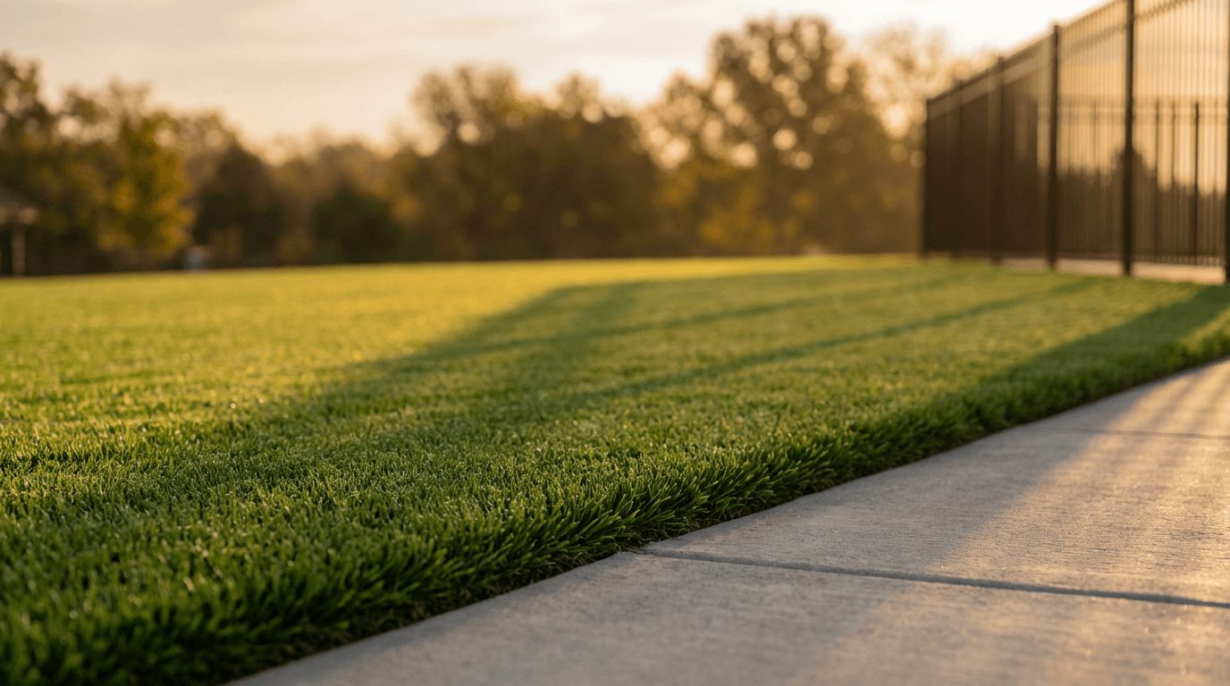 A gardener watering a lawn with a hose at golden hour, water droplets catching light